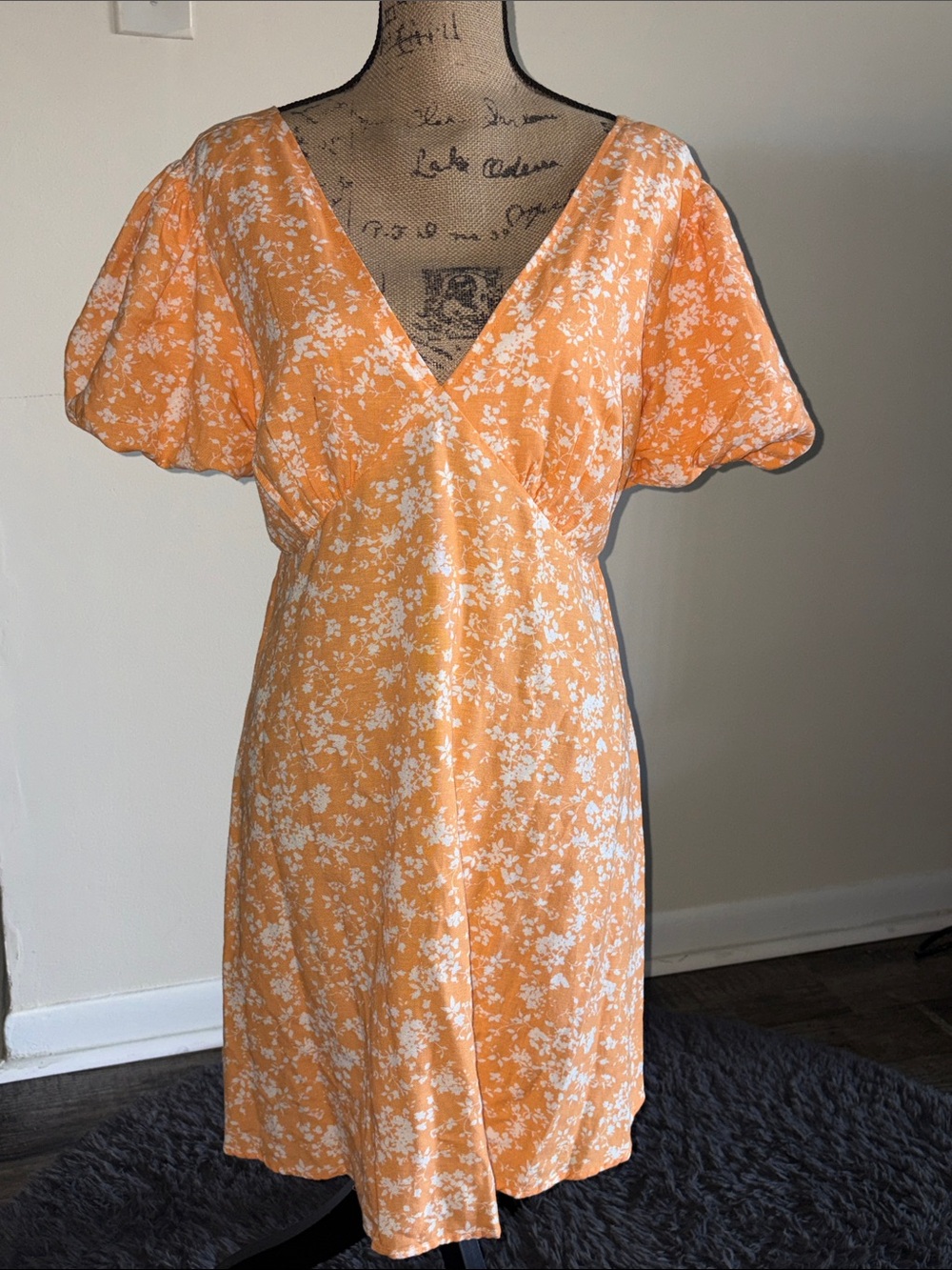 Jessica Simpson Women's Floral V-Neck Puff Sleeve Dress - Orange